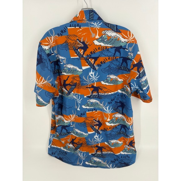 Dixxon Flannel Company Mens Aloha Shirt Surfer Wave Graphic Blue Orange M - Picture 3 of 11